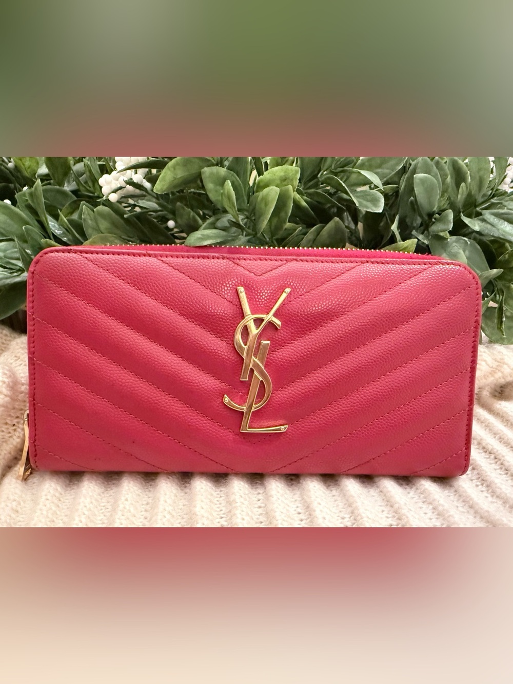 Saint Laurent Red Chevron Zip-Around Women's Wallet with Gold Logo